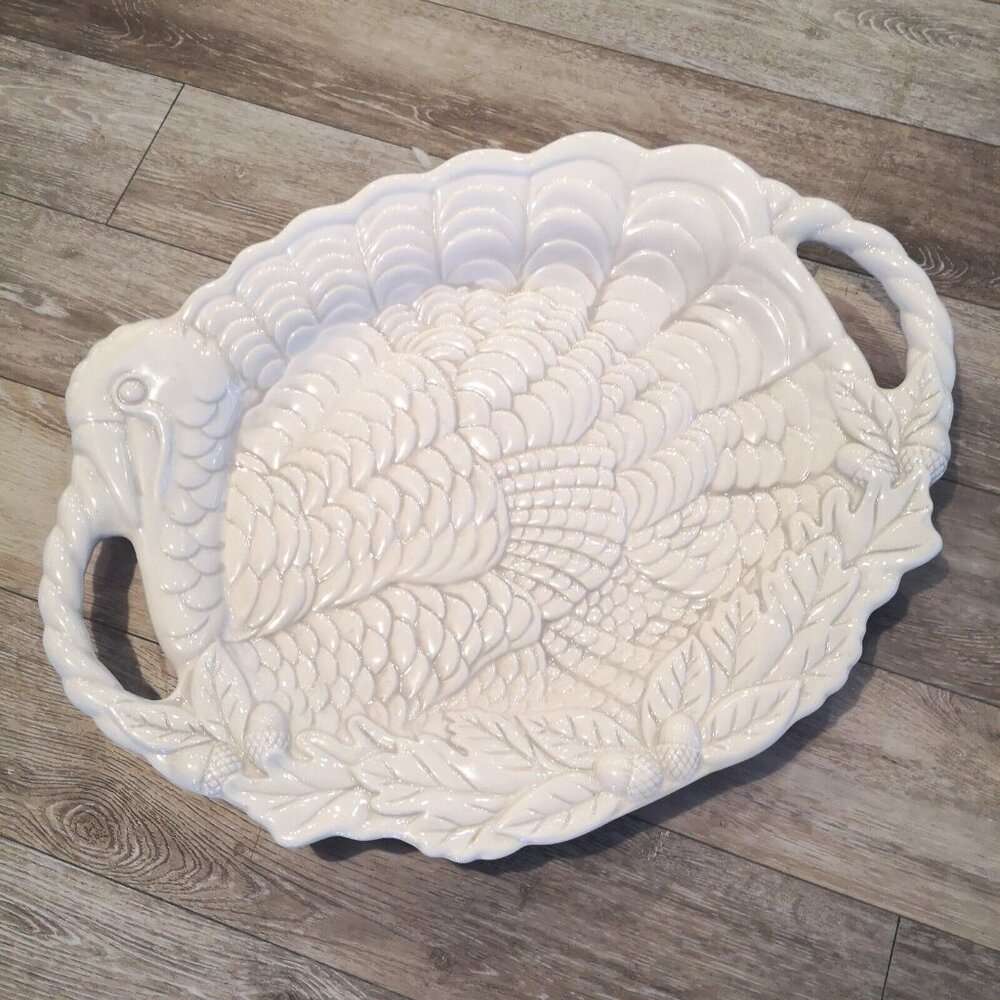 Gibson Bountiful Feast 21 1/4 Ceramic Turkey Platter with Handles Rare MINT